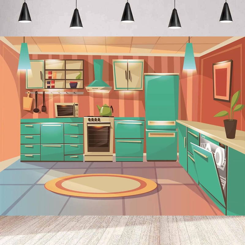 Kitchen Baking Cupboard - Fotografie-Hintergrund Cartoon-Küche Kochen Backen Hintergrund Inneneinrichtung