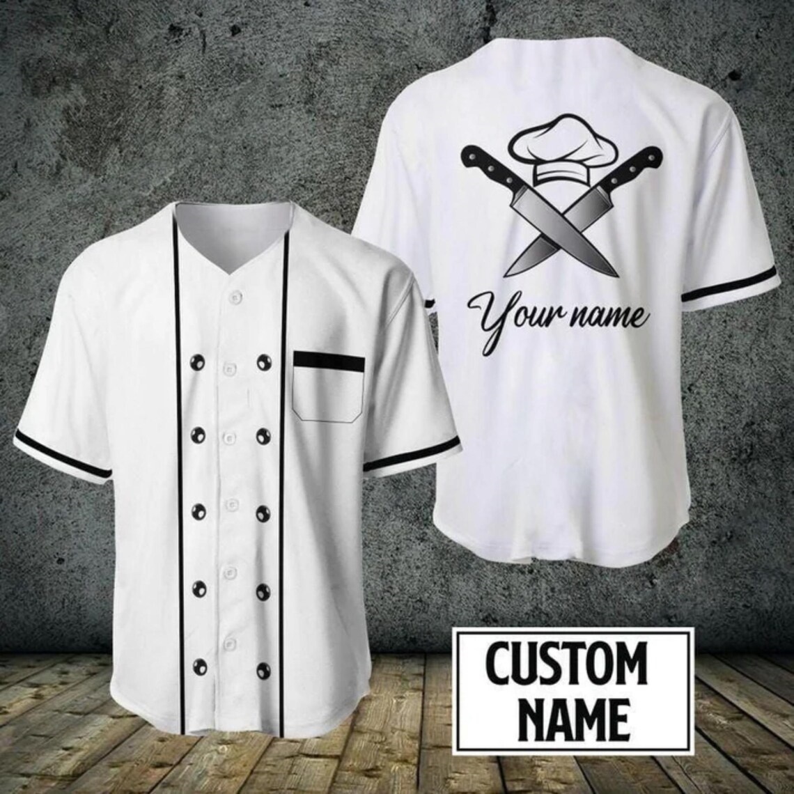 Kitchen Up - Koch-Baseballtrikot mit individuellem Namen, Knopfleiste, Messermuster-Kochoberteil,