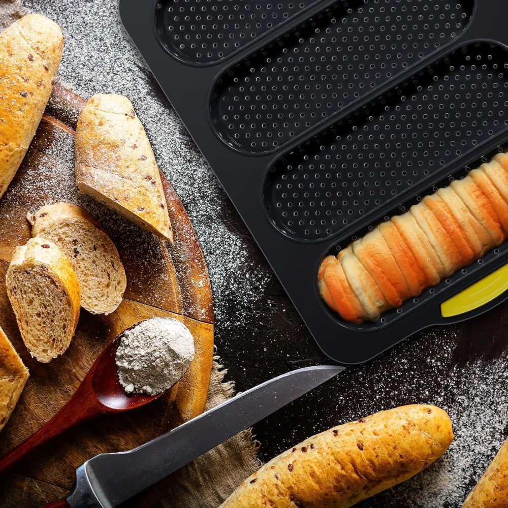 Kitchen Essentials Baking Tray - Professionelles Silikon-Backformen-Set, Hamburgerbrötchen-Former, Französisches Baguette-Backblech, Antihaftbeschichtet,