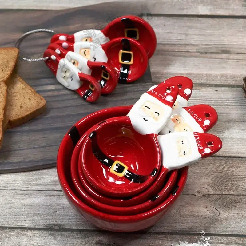 Kitchen Baking Kit - 4-teiliges Weihnachts-Messlöffel-Set, handbemalte 3D-Keramikschüssel, Messbecher, Backen,