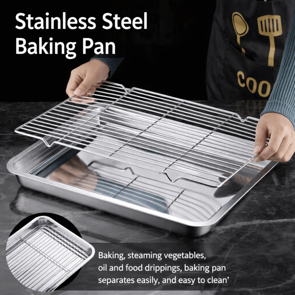 Kitchen Oven Baking Pans - Tragbare Antihaft-Edelstahl-Backform mit herausnehmbarem Kühlrost, BBQ-Tablett,