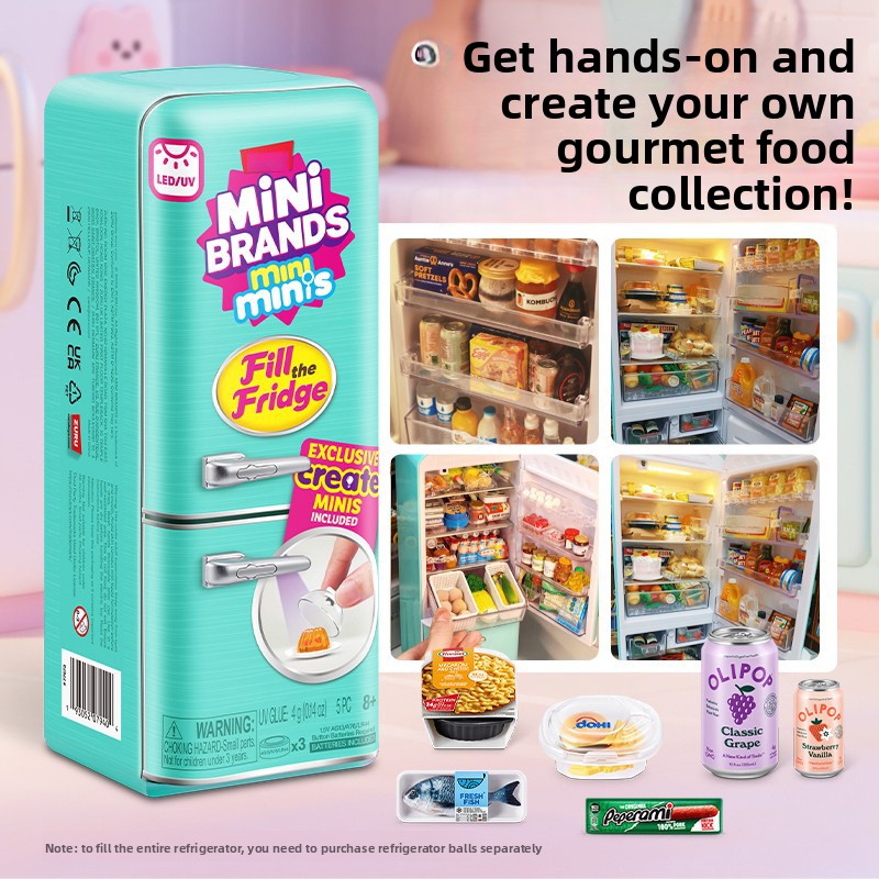 Kitchen Up - LED-beleuchtetes Mini-Kühlschrank-Spielzeugset, Mini-Kühlschrank mit Mini-Lebensmitteln, Mikro-Küchenszene,