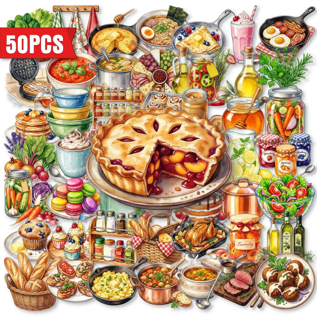 Baking (Kitchen Ingredient) - 50 Stück Transparente PET-Küchen-Lebensmittelaufkleber, Westliche Gebäck-Dessert-Backzutaten-Aufkleber