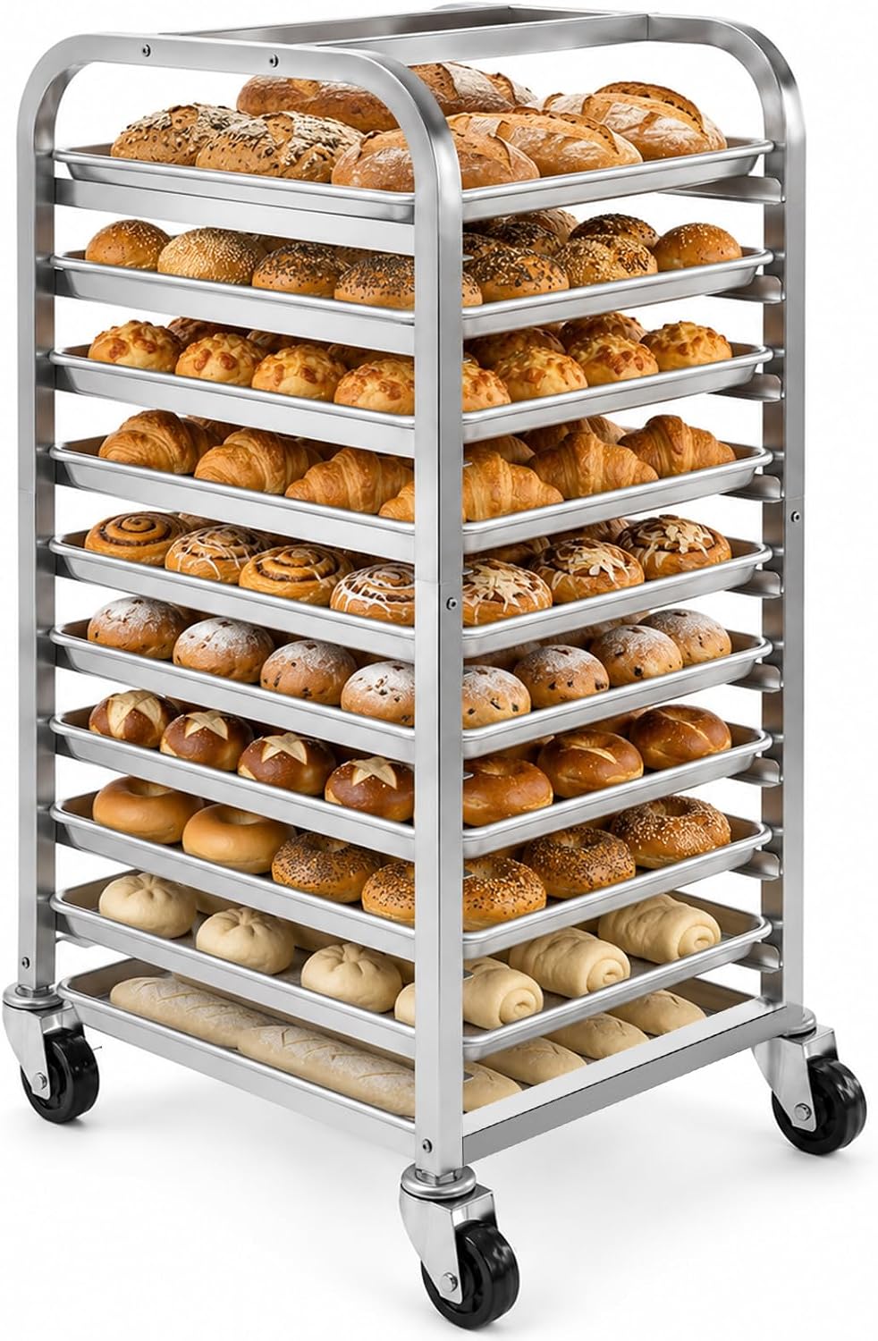 Kitchen Baking Cart - 10-stufiger Edelstahl-Backblechständer mit Rollen, mobiler Bäckerei-Kühlwagen,